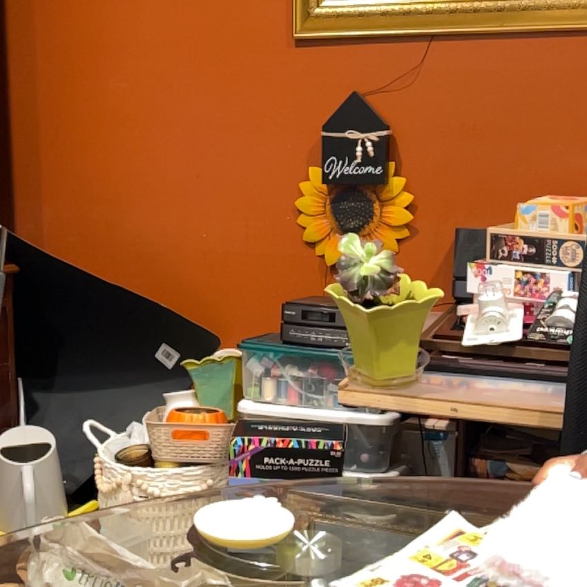 A healthy, mature sunflower plant with vibrant yellow petals in a small yellow pot on a cluttered desk.