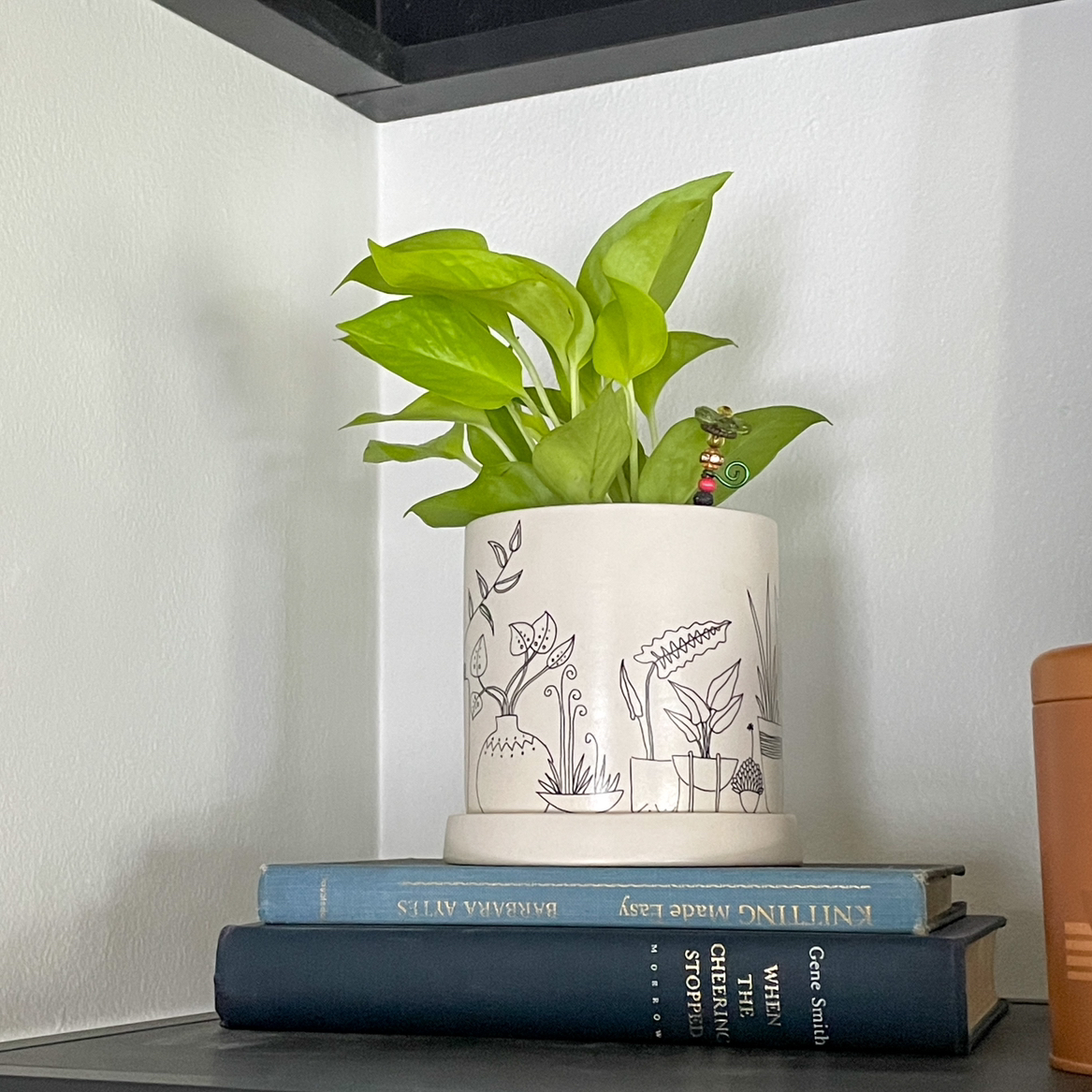 Neon Pothos plant in a decorative pot on a stack of books, healthy green leaves.