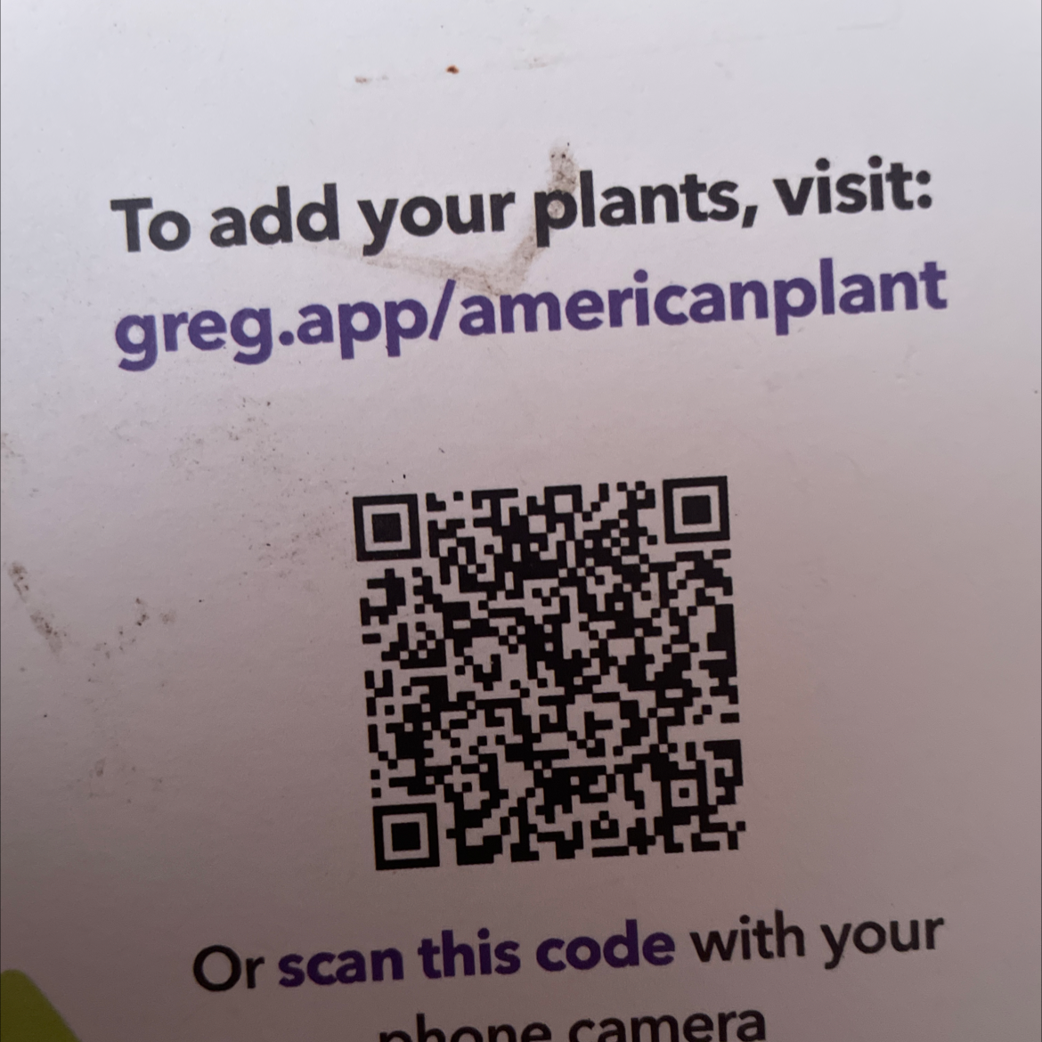 QR code and text directing users to a plant-care website.