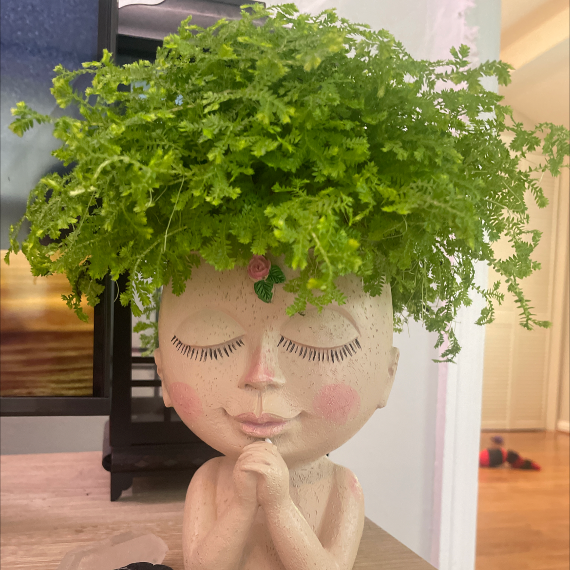 A head-shaped planter with closed eyes containing a lush, healthy green club moss plant.