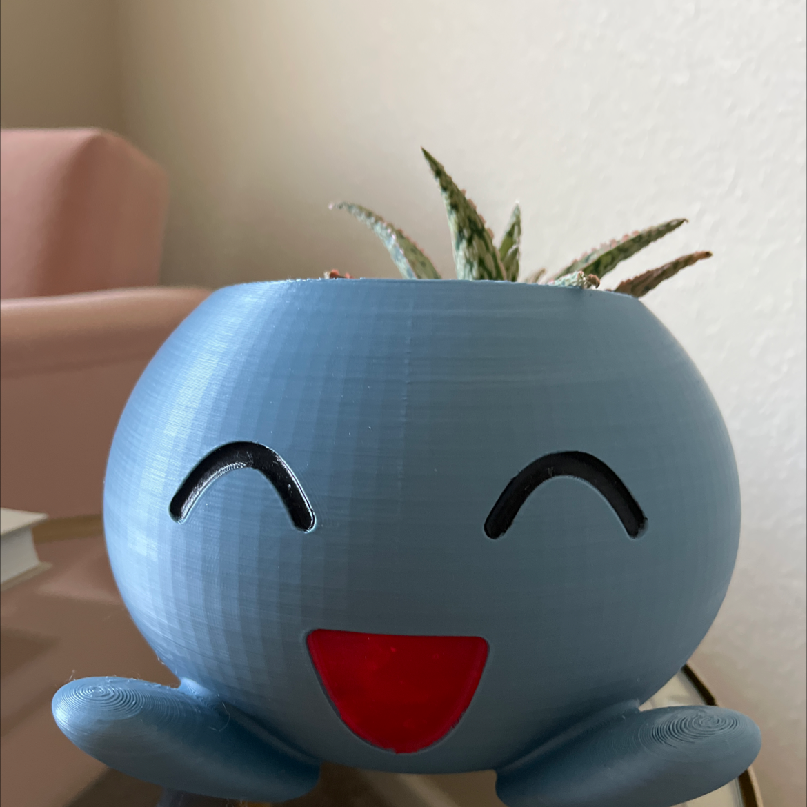 Pink Blush Aloe plant in a blue pot with a smiling face design, placed indoors.