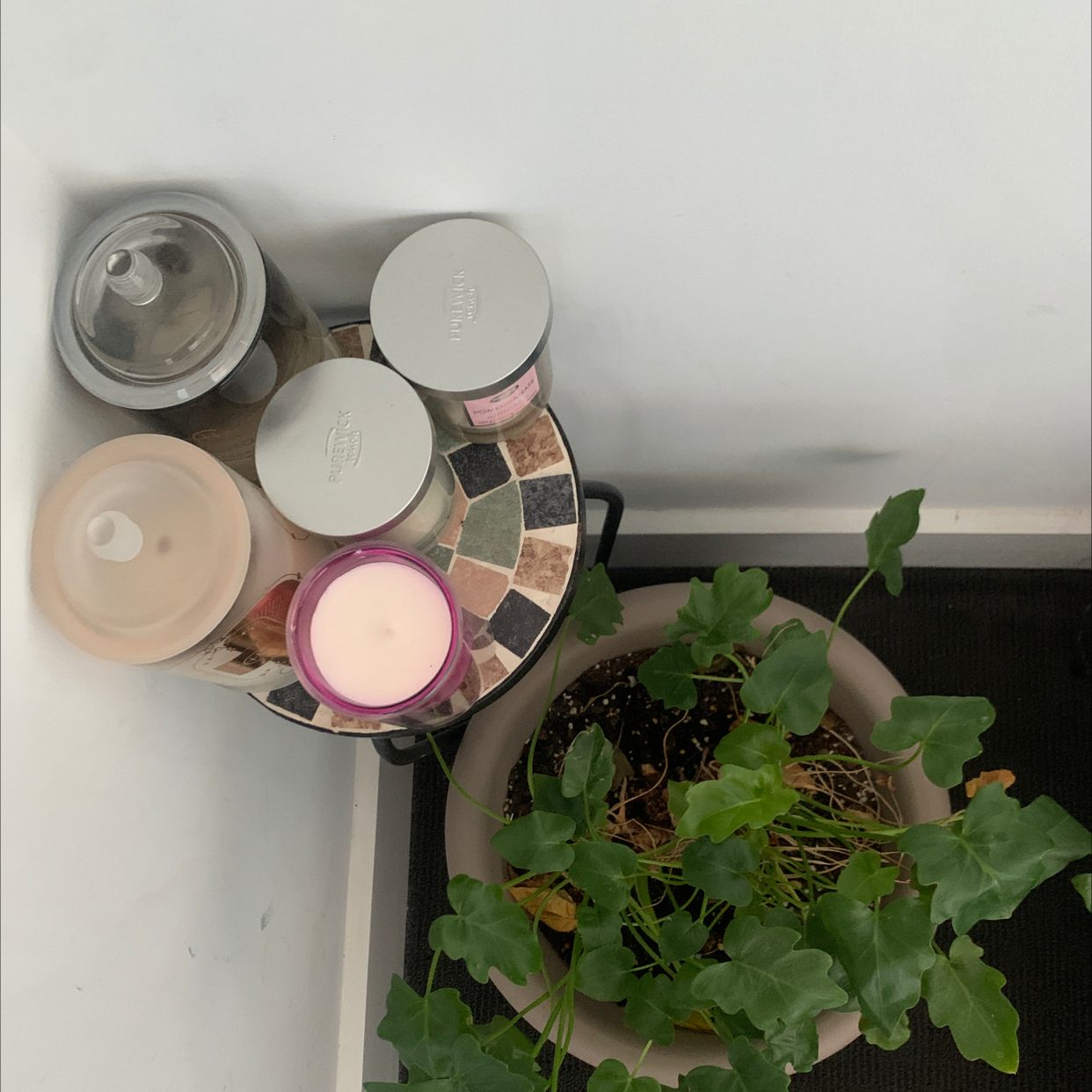 Potted Ivy Geranium with some yellowing and browning leaves next to a small table with various items.
