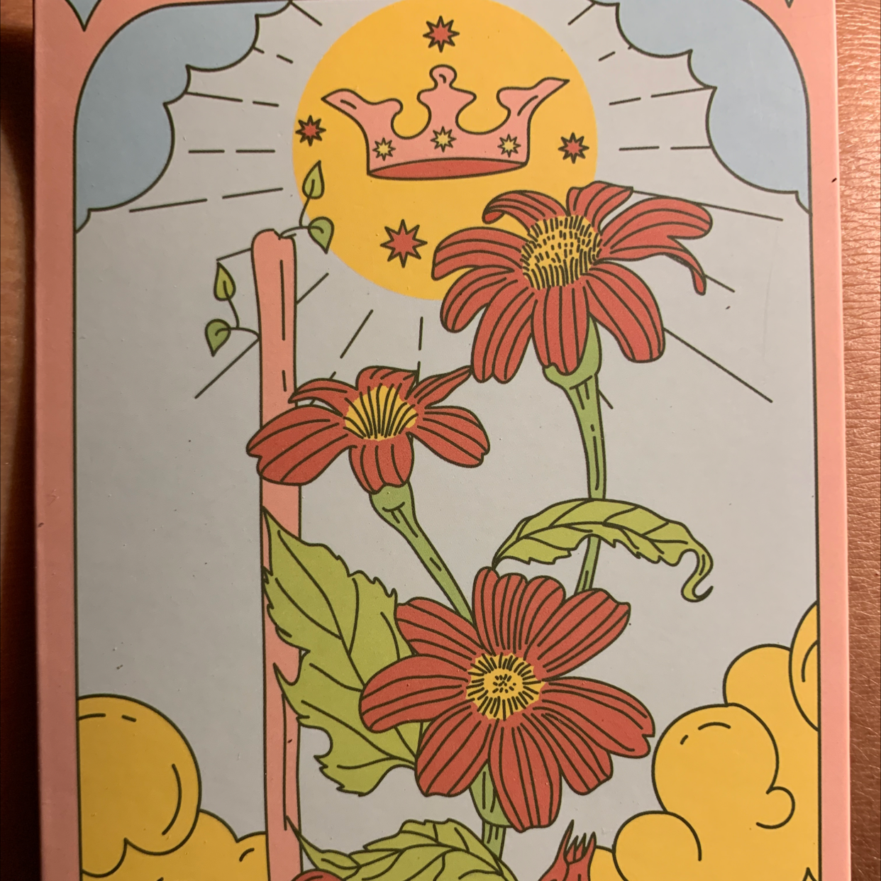 Illustration of a Mexican Sunflower with red flowers, sun, and crown in the background.