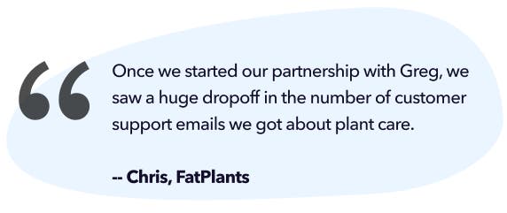 Once we started our partnership with Greg, we saw a huge dropoff in the number of customer support emails we got about plant care. -- Chris, FatPlants
